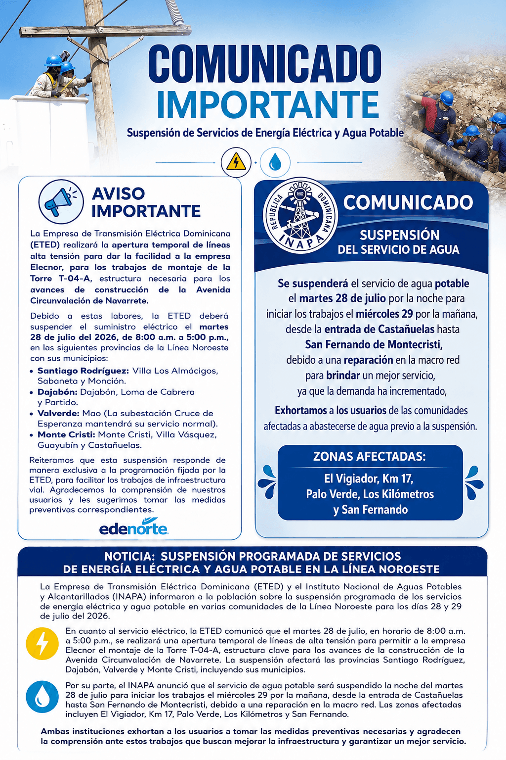 En Montecristi suspenderán mañana martes servicios de energía eléctrica y agua potable