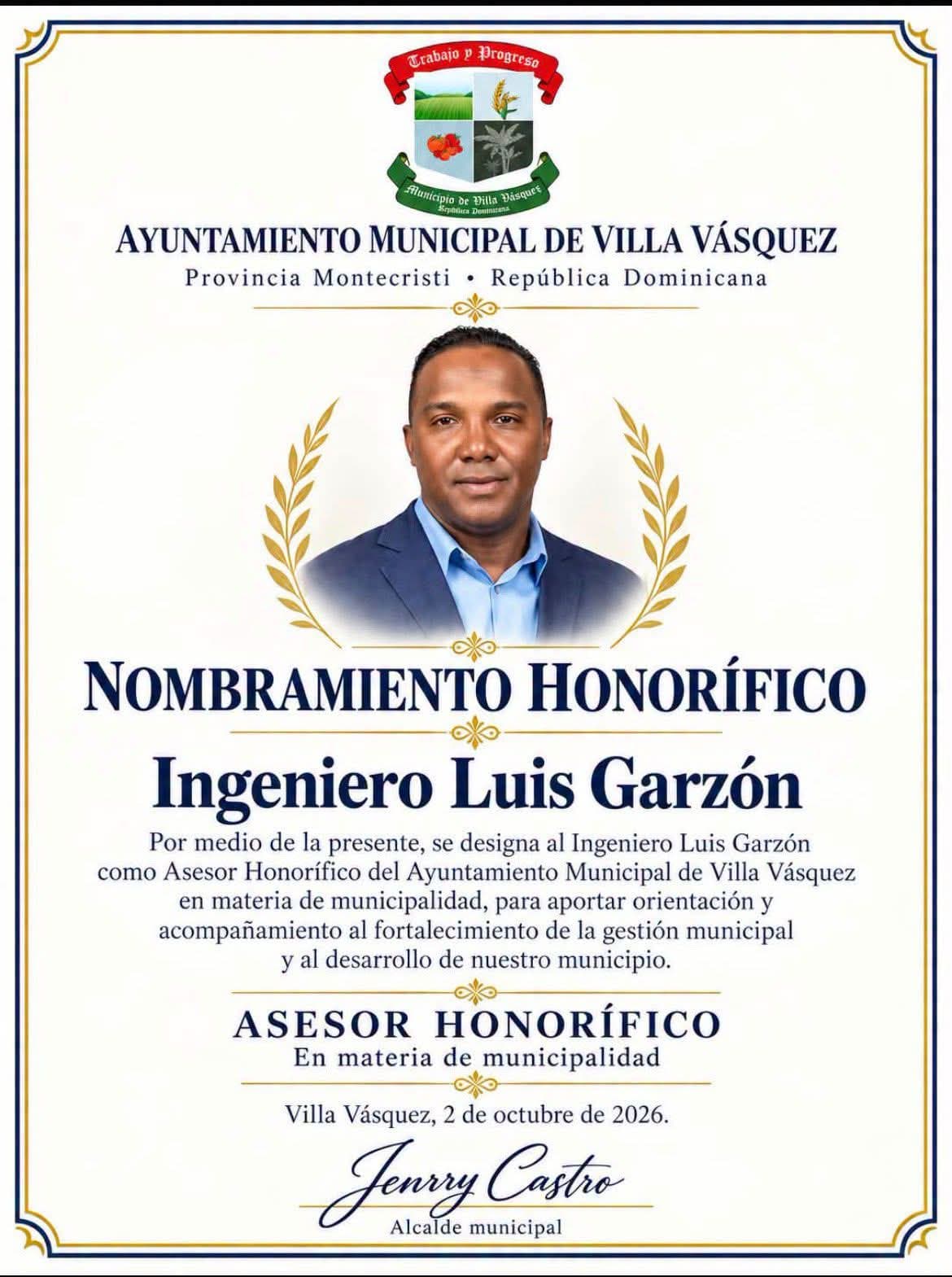 MONTECRISTI:El dirigente del PRM ingeniero Luis Garzón es designado asesor honorífico del Ayuntamiento de Villa Vásquez