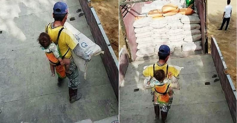 Padre viudo trabaja con su hijo en la espalda para no dejarlo solito