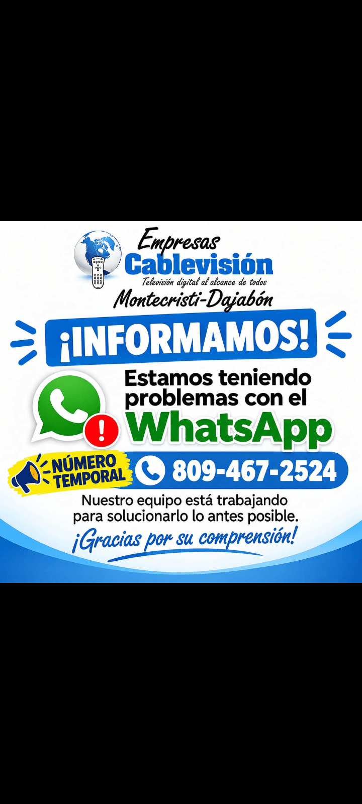 Empresa Cablevisión Montecristi-Dajabón informa inconvenientes con su WhatsApp y habilita número temporal